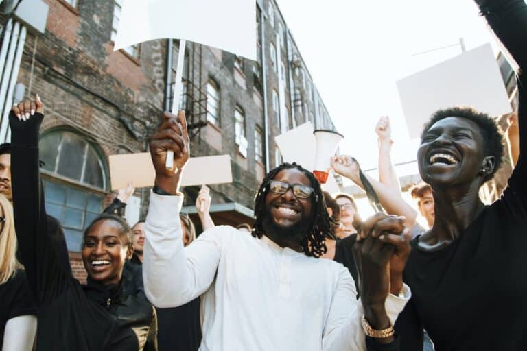 Ecstatic protesters at a demonstration